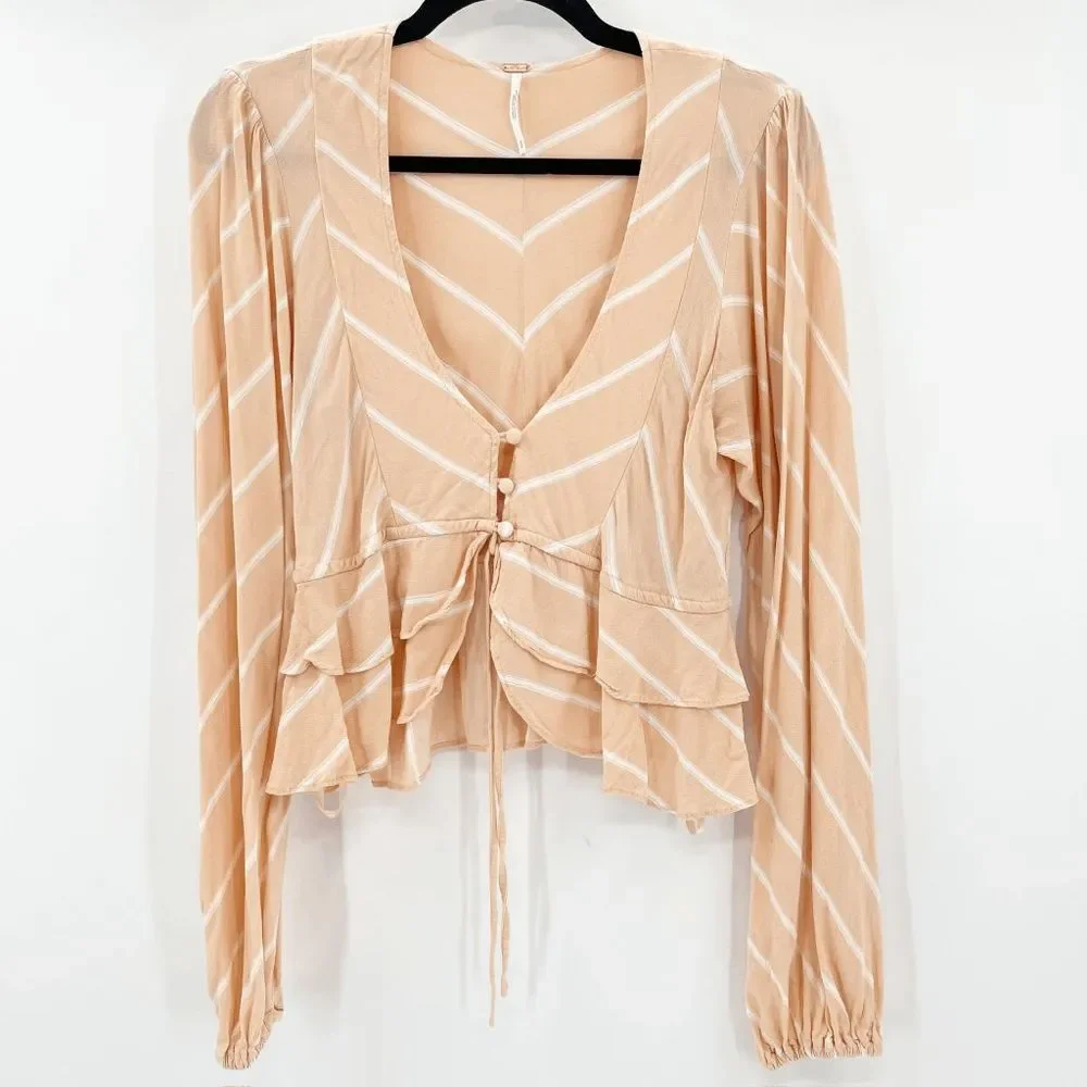 Free People Samifran Ruffle Top Women's Size S Salmon Orange Striped Peplum Crop - Picture 2 of 5